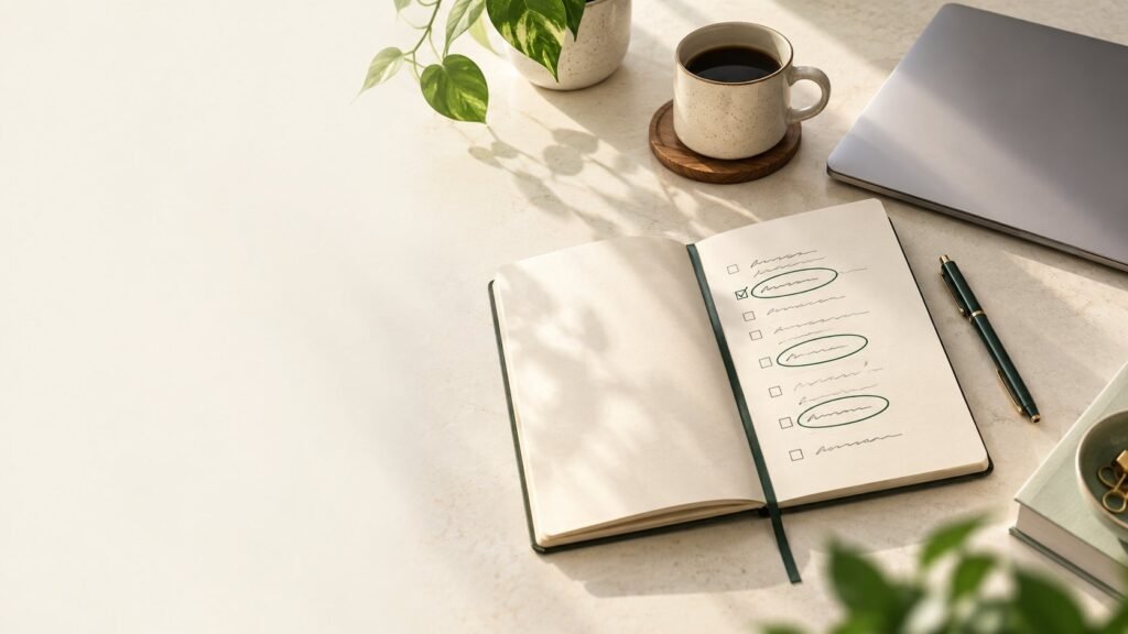 Open notebook with a short list of priorities circled in green on a calm desk