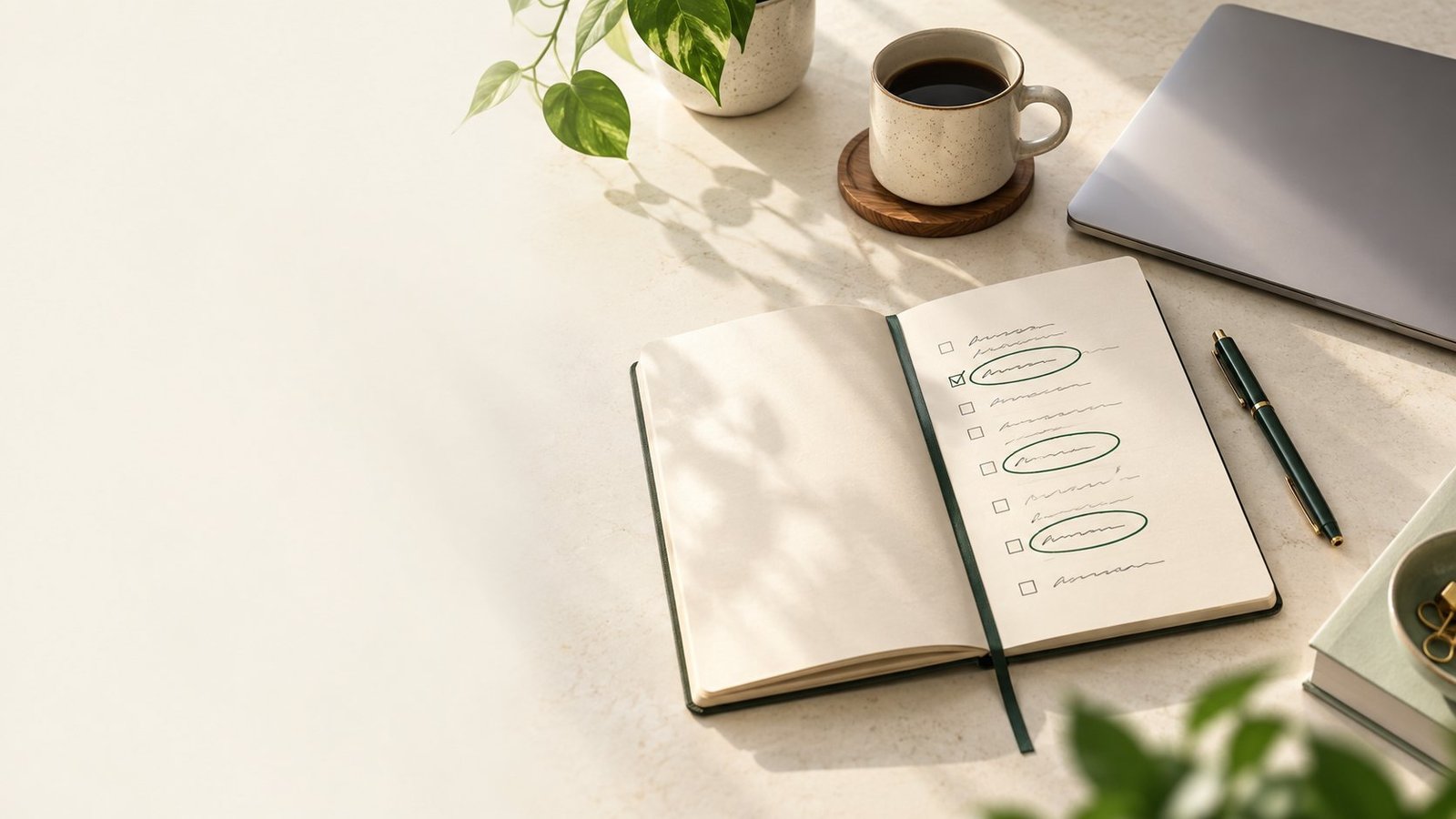 Open notebook with a short list of priorities circled in green